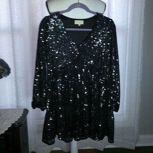 MELODAY by Nordstrom Long Sleeve V-Neck Black Sequins Fully Lined Dress XS